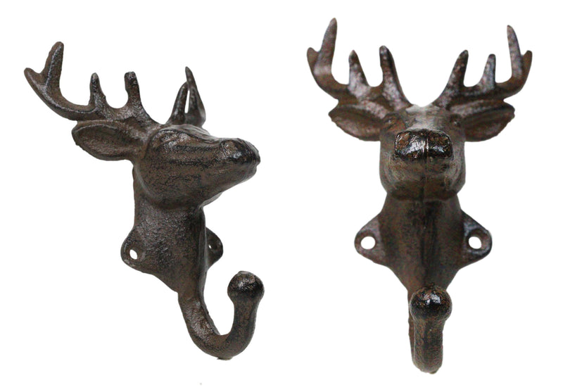Pack Of 2 Cast Iron Rustic Elk Deer Head With Antlers Wall Coat Hook Sculptures