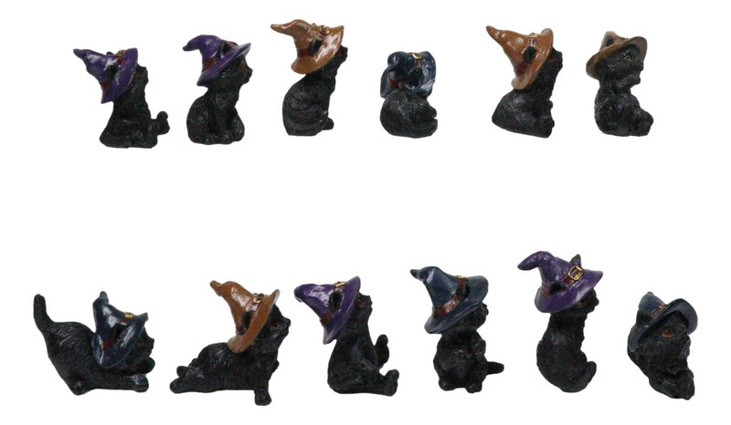 Set of 12 Halloween Black Cats With Witch Hats Mini Figurines In Multi Poses