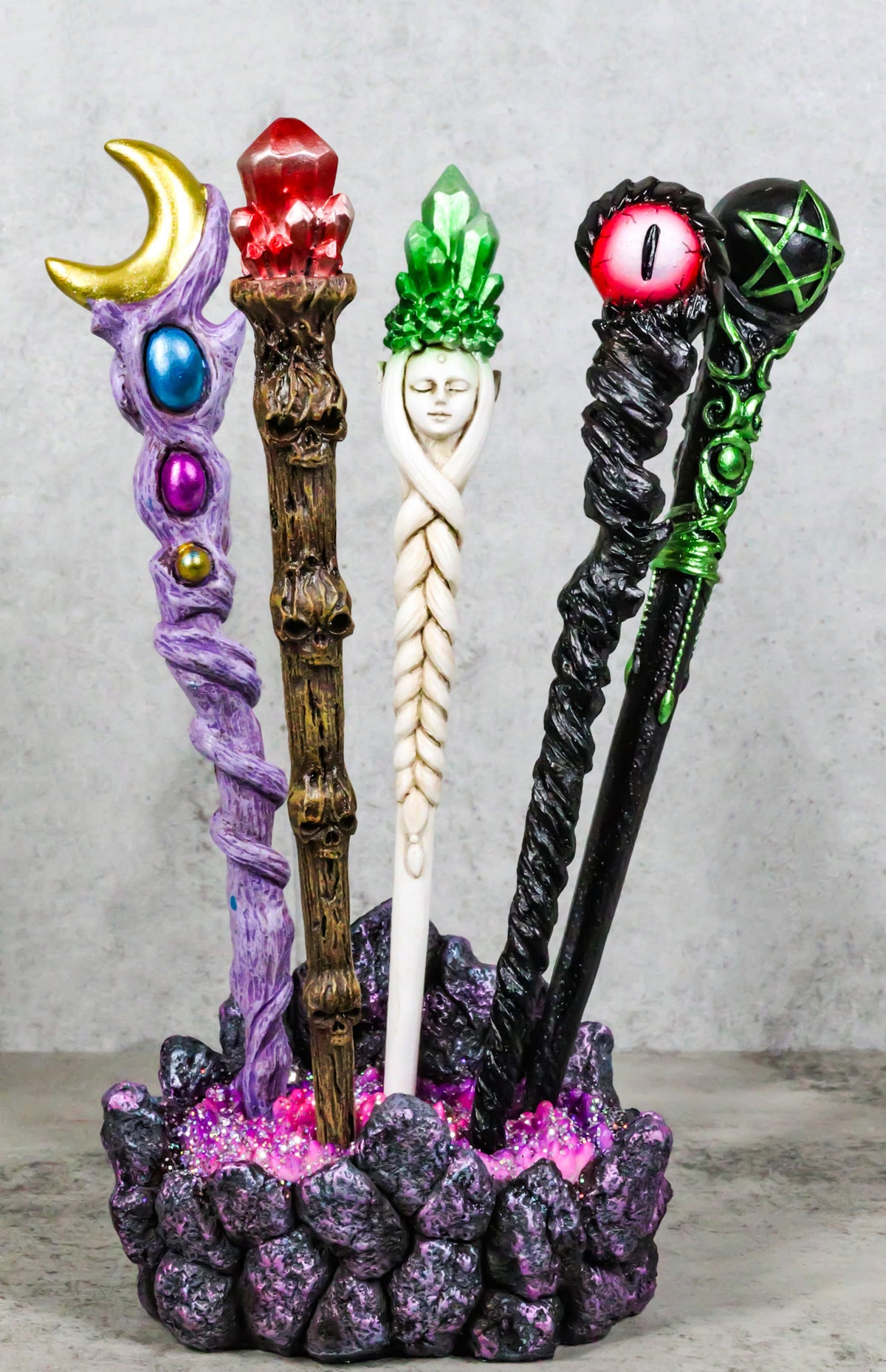 5 Assorted Wizard Magic Wands With Faux Geode Crystals Rock Holder Stand Set - Ebros Gift