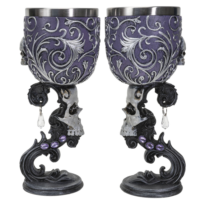 Set Of 2 Gothic Death's Desire Silver Scrollwork Victorian Skull Wine Goblets