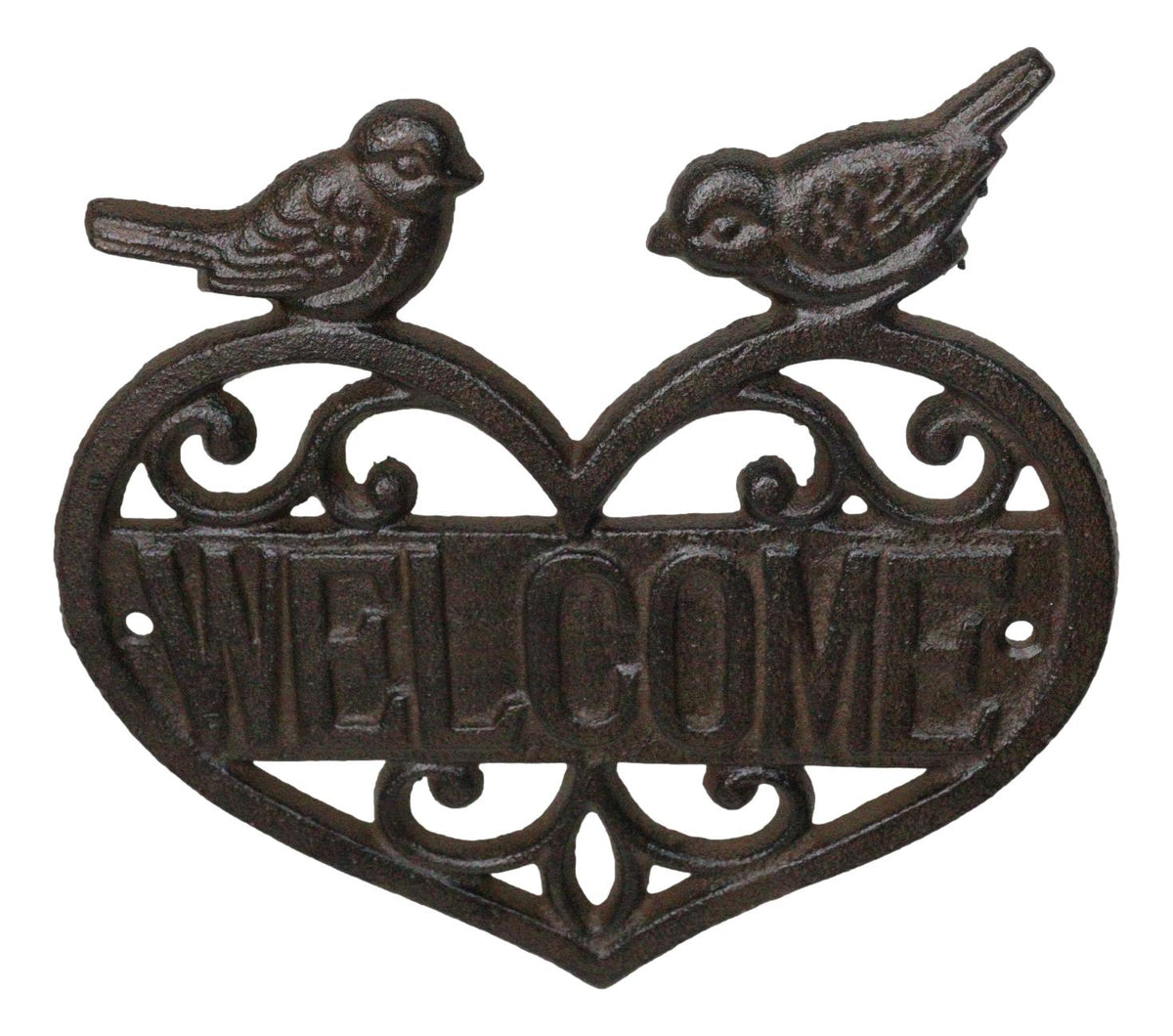 Cast Iron 2 Lovebirds Perching On Scrollwork Heart Welcome Sign Wall Plaque