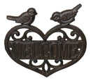 Cast Iron 2 Lovebirds Perching On Scrollwork Heart Welcome Sign Wall Plaque