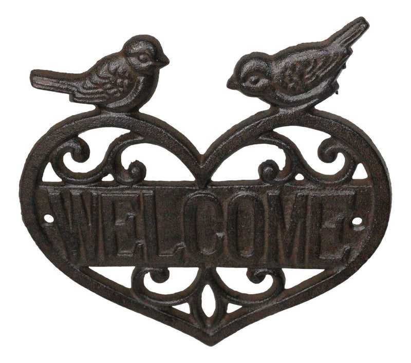 Cast Iron 2 Lovebirds Perching On Scrollwork Heart Welcome Sign Wall Plaque