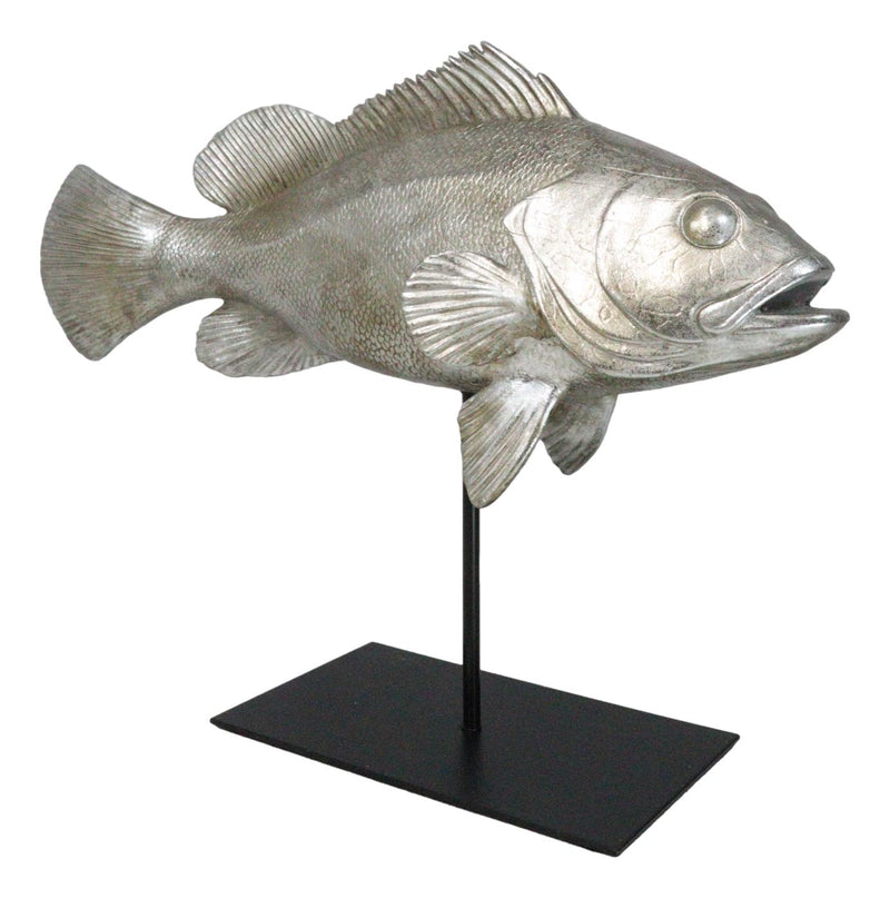 Ocean Marine Silver Tone Serranidae Grouper Fish Sculpture On Metal Pole Stand