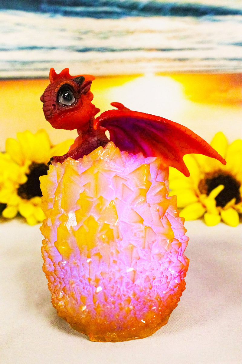 Whimsical Cute Red Baby Dragon Hatchling in Crystal Icicle Golden Egg Figurine