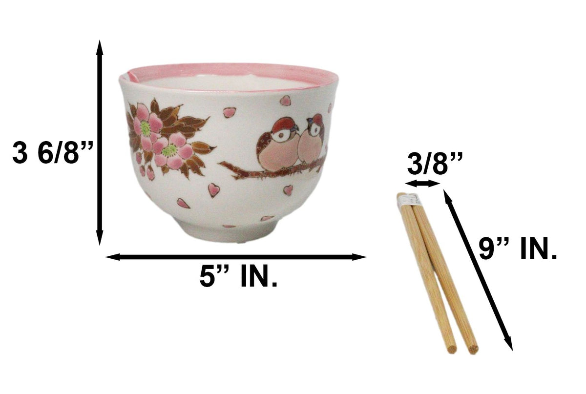 Twin Sparrows Cherry Blossom Ceramic Donburi Ramen Bowl With Chopsticks Set