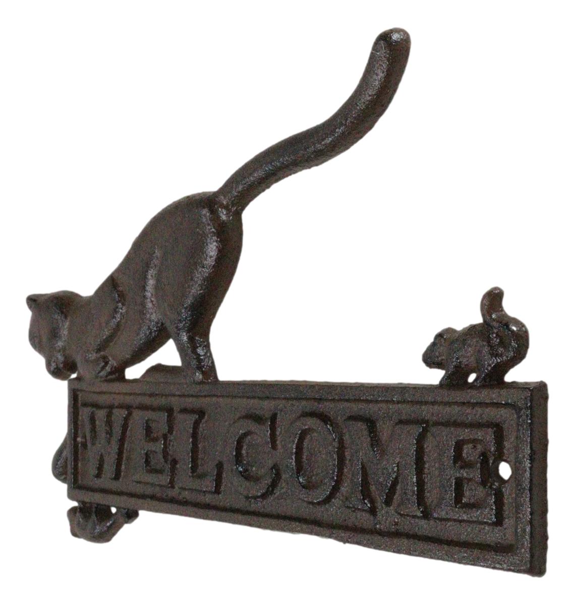 Cast Iron Whimsical Hungry Kitty Cat Chasing 2 Mice Wall Decor Welcome Sign
