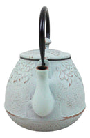 Rustic Mint Green Leaves Design Cast Iron Tetsubin Teapot With Enamel Liner 32oz