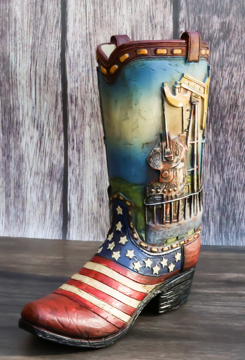 Rustic Western Oil Derrick Pump Jack USA Flag Cowboy Boot Flower Vase Planter