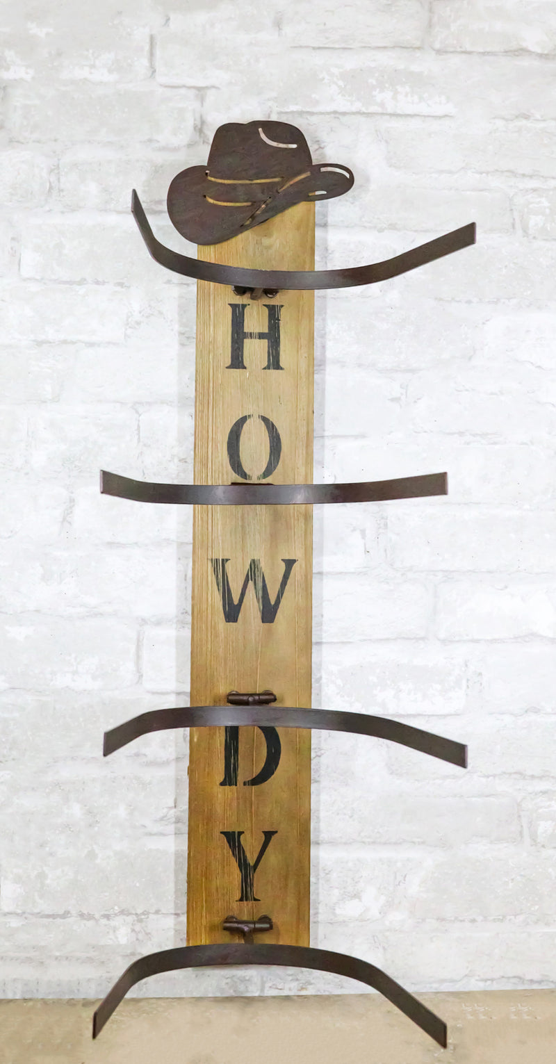 Rustic Western Howdy 4 Slot Cowboy Cowgirl Hats Wall Rack Hanger Organizer