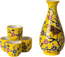 Yellow Bird On Flower Tree Porcelain Sake Carafe Flask And 4 Ochoko Cups Set