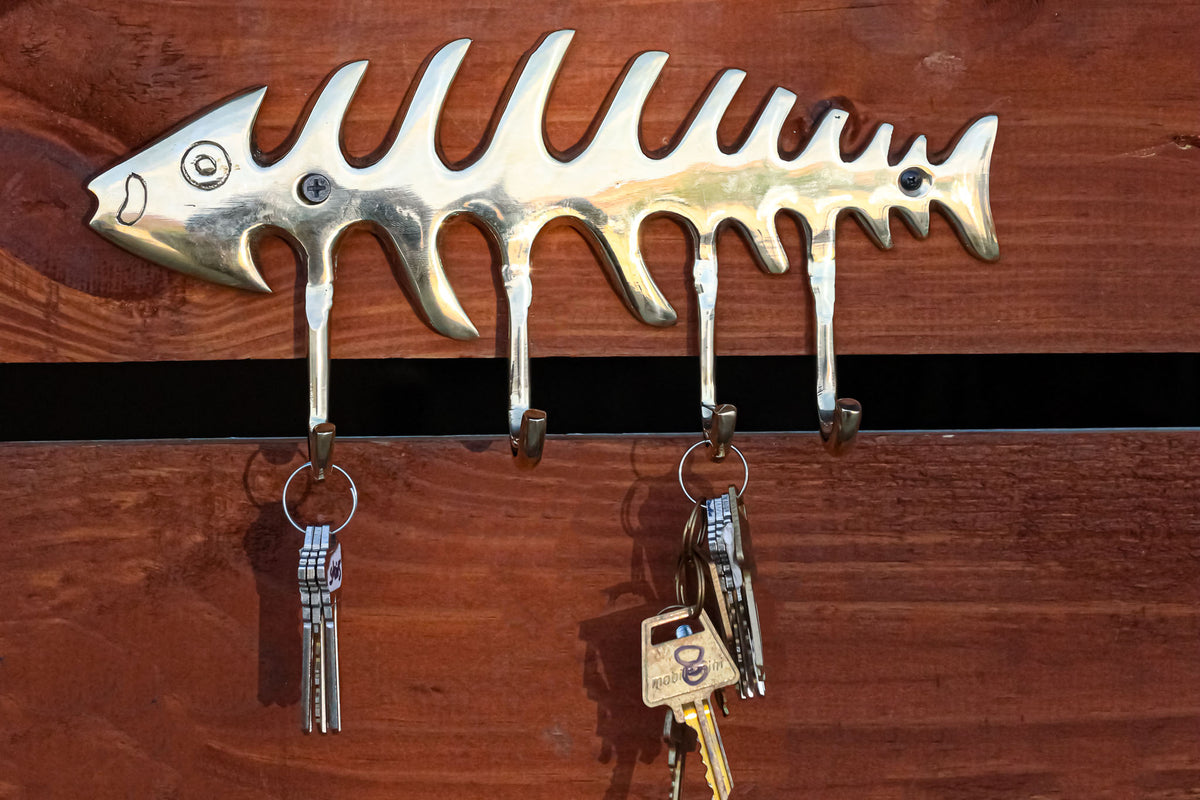 Brass Metal Golden Fishbone Fish Bone Marine Coastal 4 Peg Wall Hooks Plaque - Ebros Gift