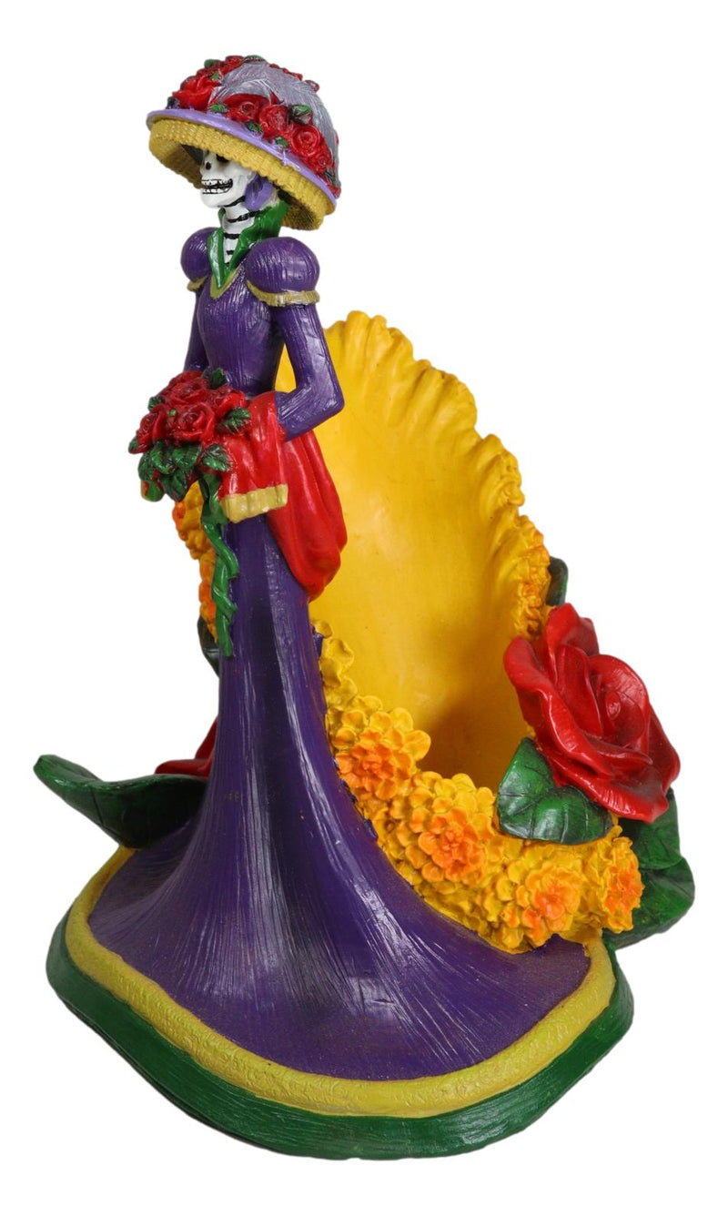 Sugar Skull Day of The Dead Lady Catrina Roses And Florals Wine Holder Figurine
