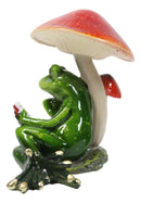 Story Time Green Frog Father Reading Book to Son By Toadstool Mushrooms Figurine