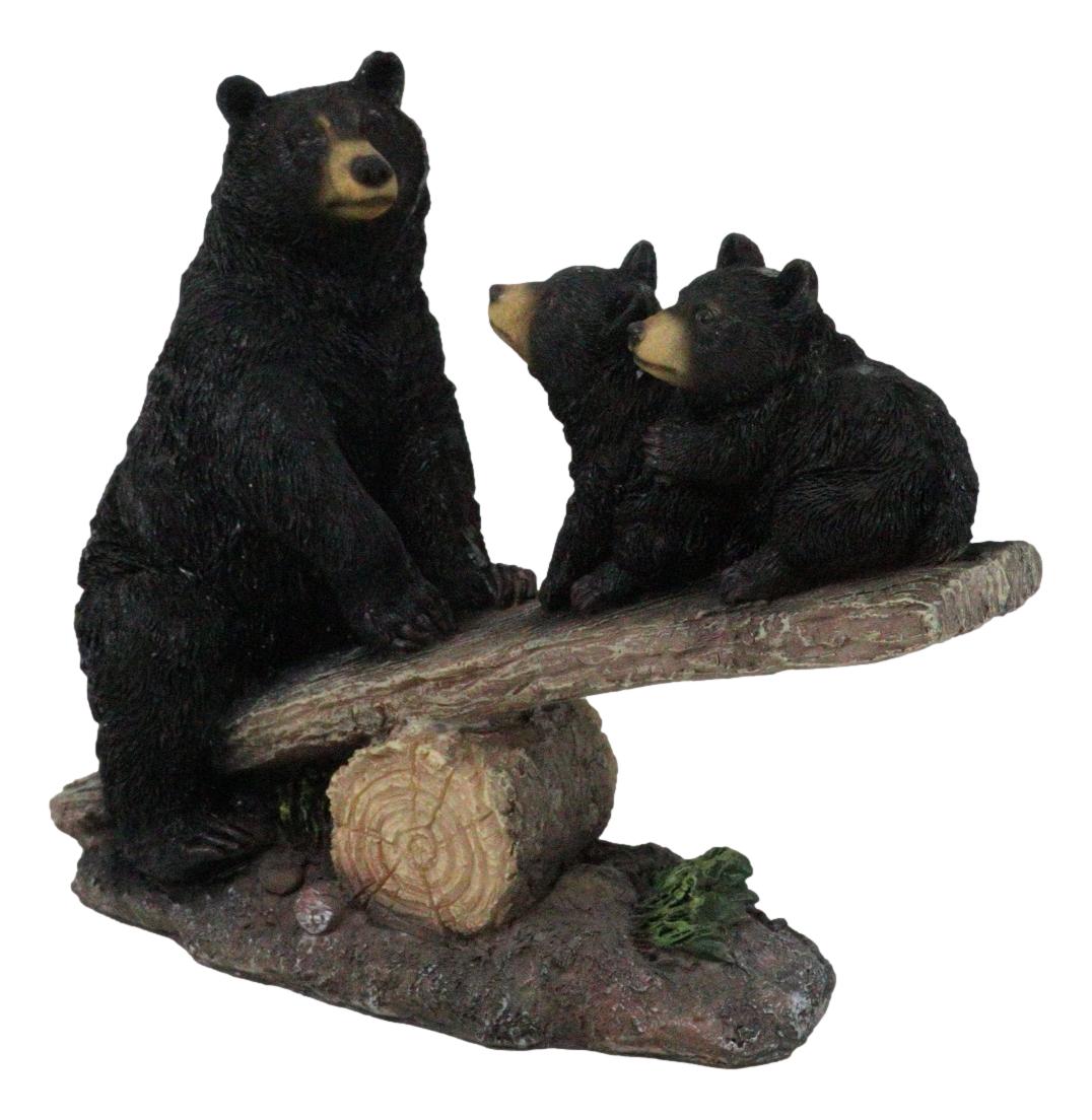 Rustic Forest Black Bear Mother and 2 Cubs Sitting On Tree Logs Seesaw Figurine