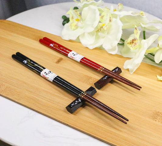 Cherry Brown And Black Moon Rabbits Set of 2 Chopsticks And Wooden Rests Set