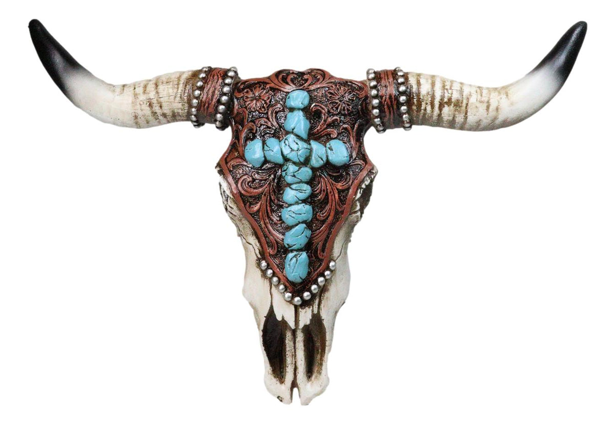 Southwest Steer Cow Skull With Turquoise Cross Tooled Leather Motif Wall Decor