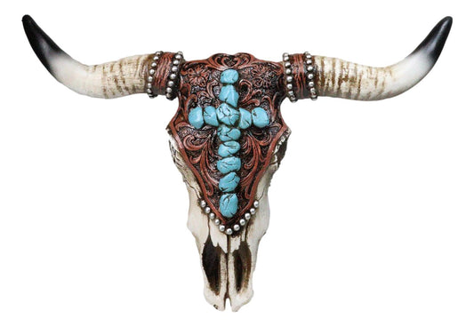 Southwest Steer Cow Skull With Turquoise Cross Tooled Leather Motif Wall Decor