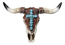Southwest Steer Cow Skull With Turquoise Cross Tooled Leather Motif Wall Decor