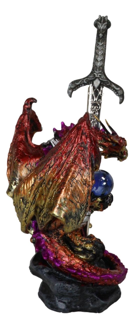 Red Metallic Fire Knight Dragon With Orb and Gothic Sword Letter Opener Figurine