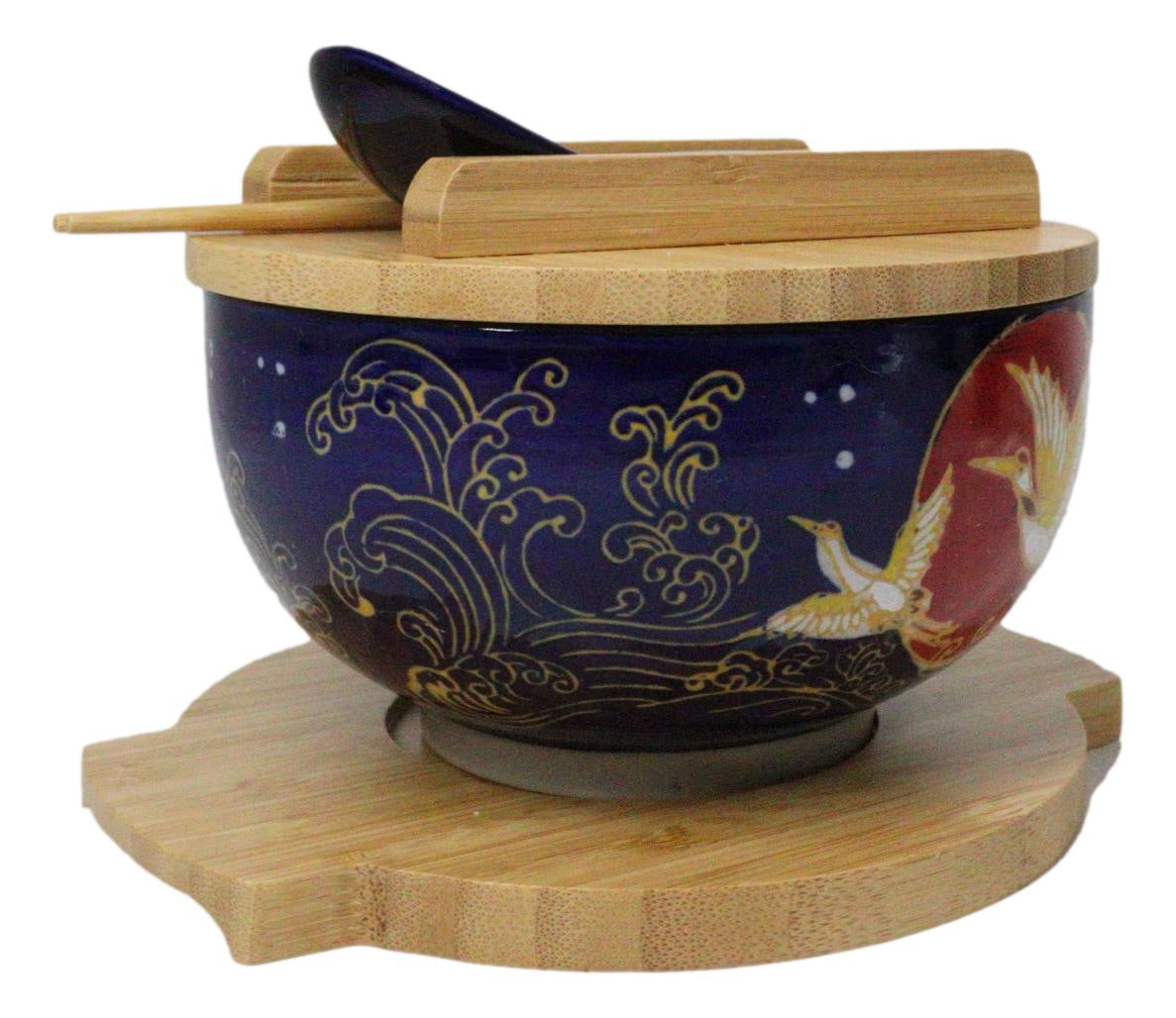 Red Moon Golden Crane Donburi Ramen Bowl With Lid Trivet Spoon Chopsticks Set - Ebros Gift