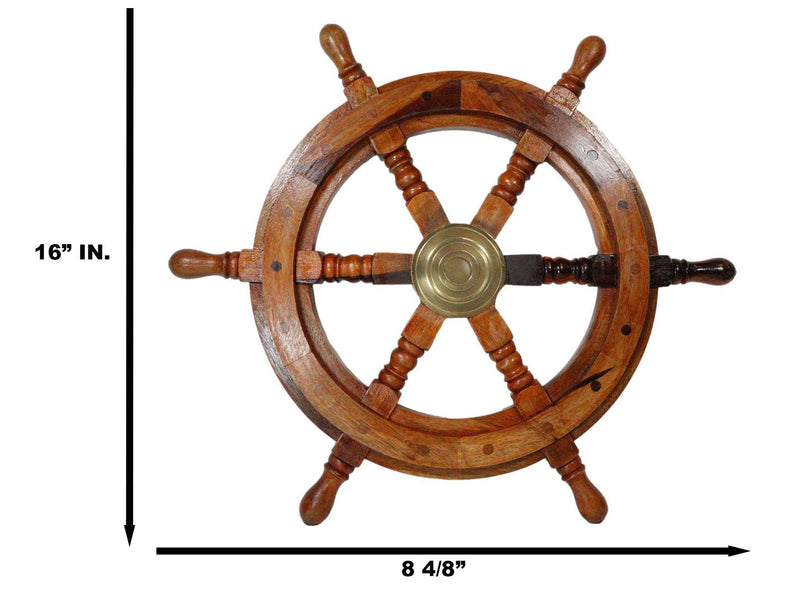 Nautical Marine Vintage Hardwood Wood & Brass Ship Steering Helm Boat Wheel 18"D