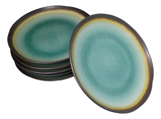 Pack Of 6 Green Crackle Midori Kannyu Ceramic Wavy Round Dinner Plates 9.5"D