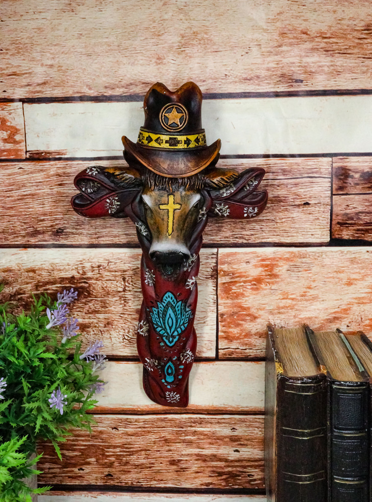 Colorful Southwestern Cowboy Bull with Sheriff Hat and Floral Design Wall Cross