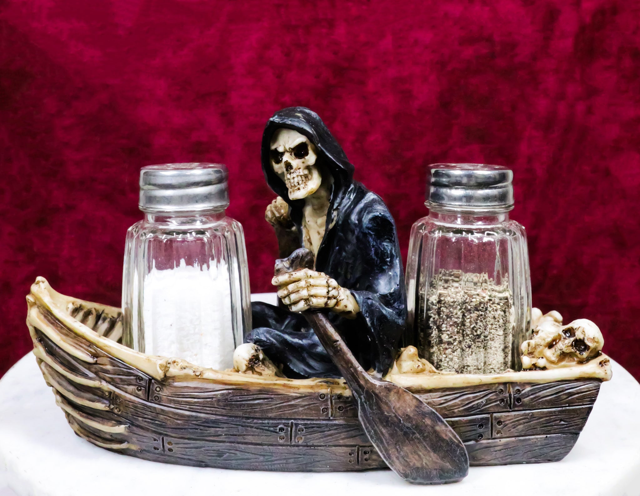 Grim Reaper Charon Skeleton Rowing Boat In River Styx Salt Pepper