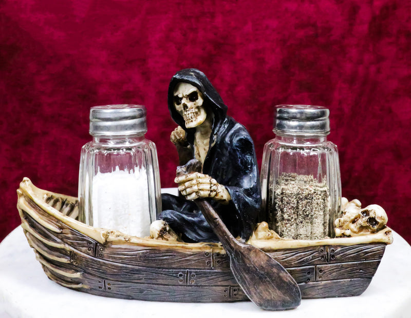 Grim Reaper Charon Skeleton Rowing Boat In River Styx Salt Pepper Shakers Holder