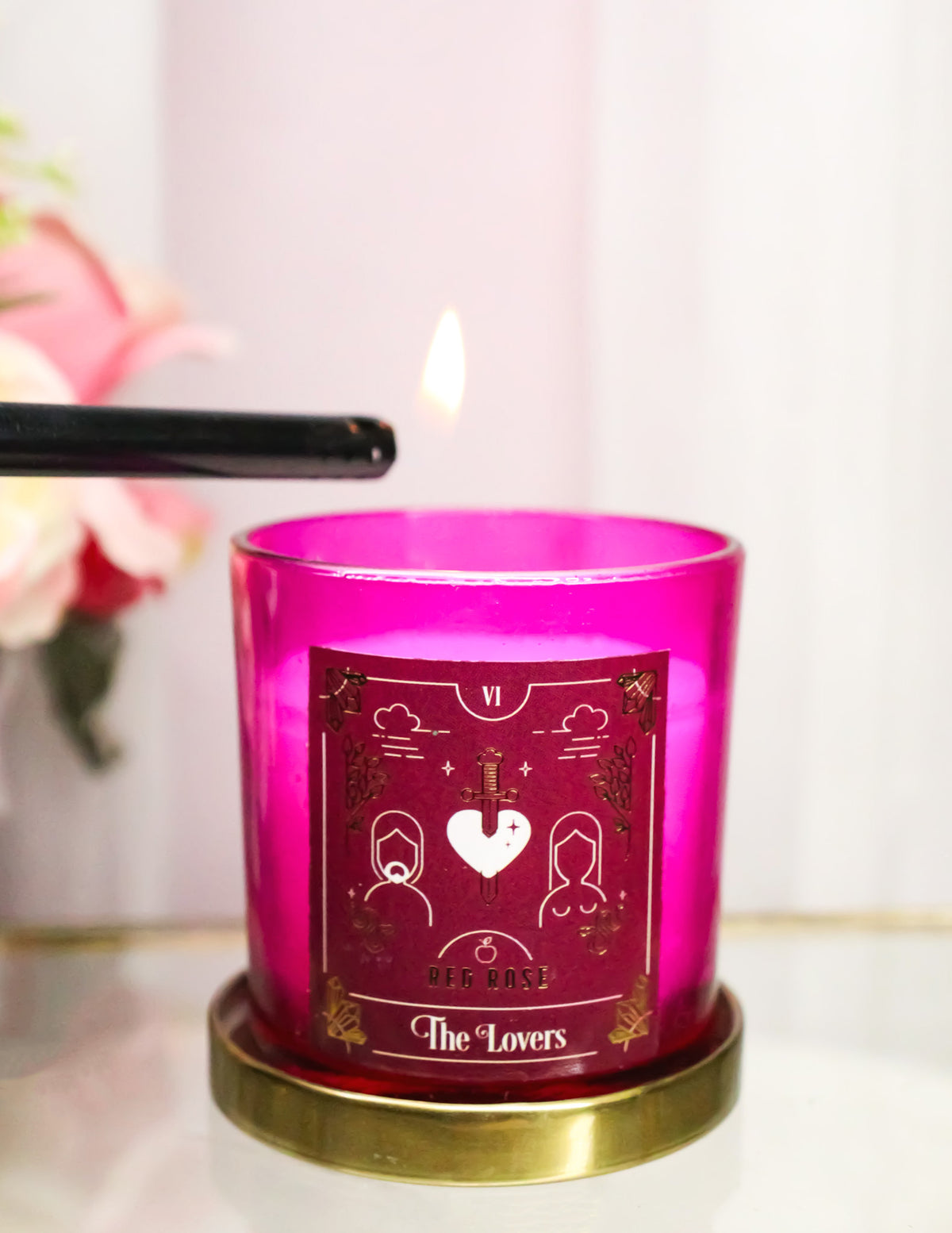 Wicca Witchcraft Mystic Tarot The Lovers Red Rose Scented Pillar Candle Gold Lid