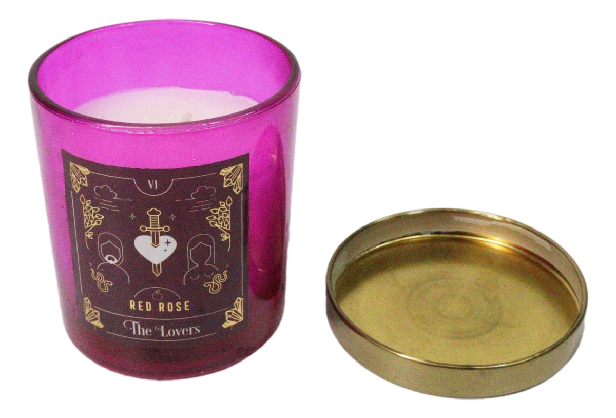 Wicca Witchcraft Mystic Tarot The Lovers Red Rose Scented Pillar Candle Gold Lid