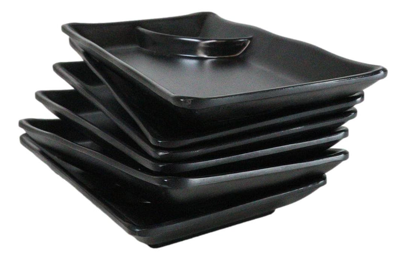 Pack Of 6 Ridged Matte Black Melamine 2 Partitions Rectangular Sushi Plates
