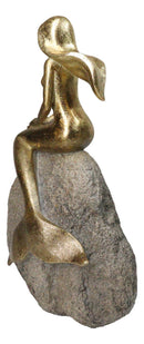 Gold Leaf Resin Mermaid Siren Sunbathing On Giant Ocean Rock Figurine 10.75"H
