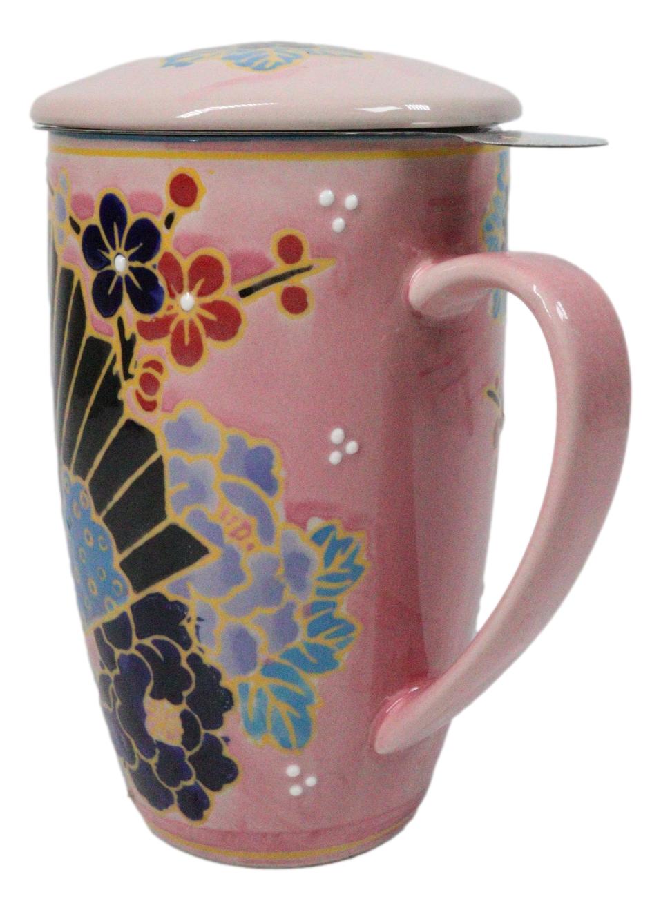 Japanese Fan Festival 15oz Porcelain Tea Mug With Lid & Stainless Steel Infuser