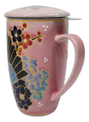 Japanese Fan Festival 15oz Porcelain Tea Mug With Lid & Stainless Steel Infuser