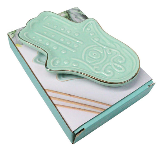 Mystical Turquoise Blue Hamsa Palm Hand Of Fatima Incense Holder Dish