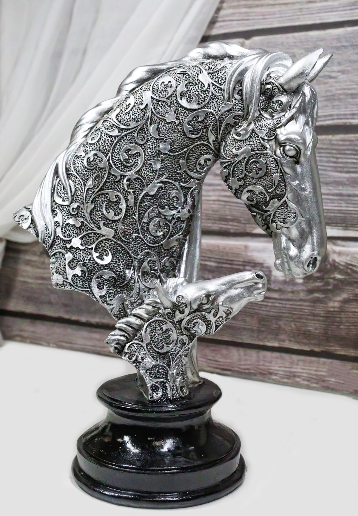 Silver Equine Mother Horse And Foal With Tooled Floral Vines Filigree Figurine