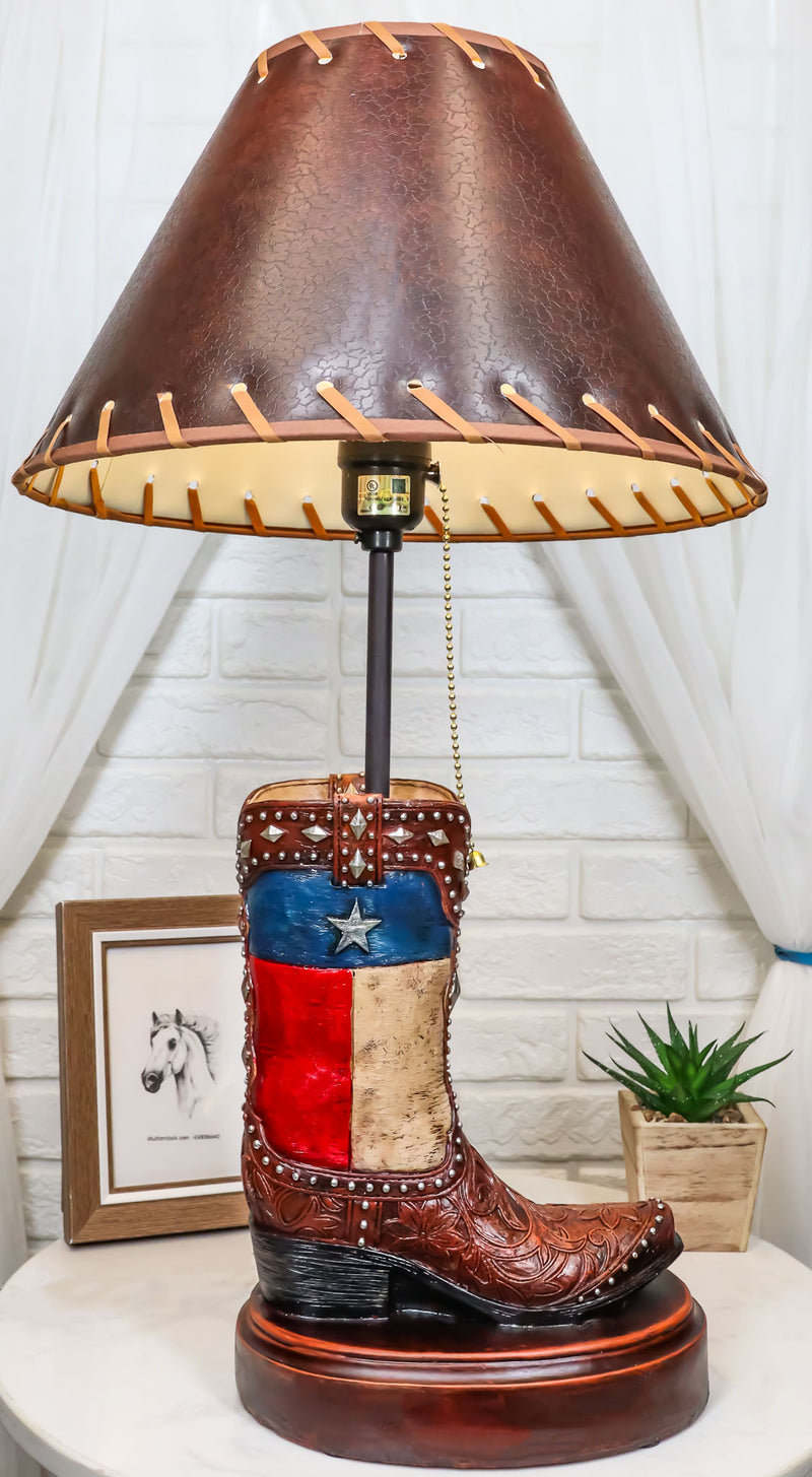 Western Floral Tooled Leather Texas State Flag Cowboy Boot Desktop Table Lamp