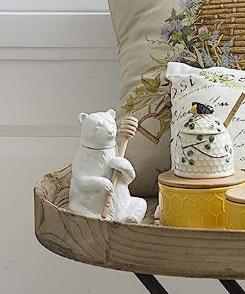 White Ceramic Forest Black Bear Wooden Bamboo Dipper Stick Honey Pot Jar Set