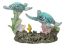 Marine Ocean Blue Sea Turtles Family With Yellow Fish And Coral Reef Figurine