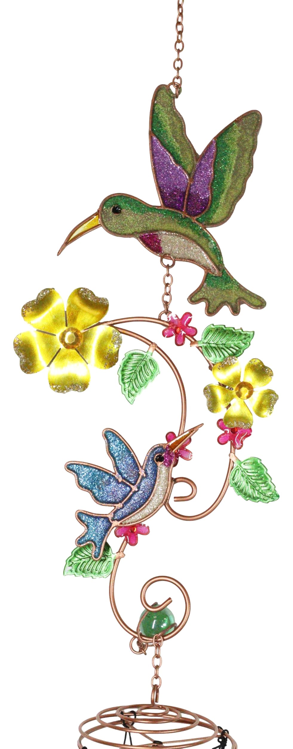 Hummingbirds Hovering Over Nectar Flowers Art Glass Gemstones Metal Wind Chime