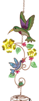 Hummingbirds Hovering Over Nectar Flowers Art Glass Gemstones Metal Wind Chime