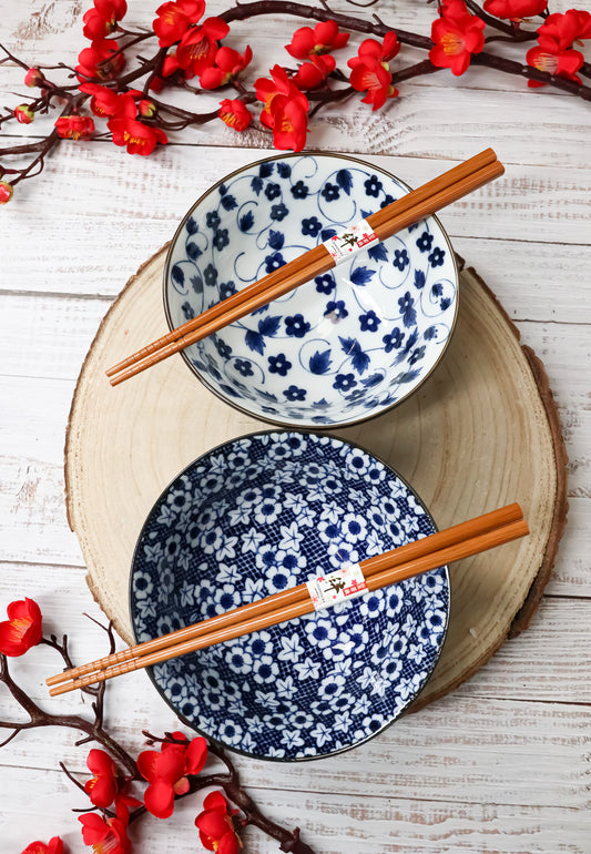 Ebros Japanese Vintage Floral Blue White Design Ceramic Bowl Set of 2 With Chopsticks