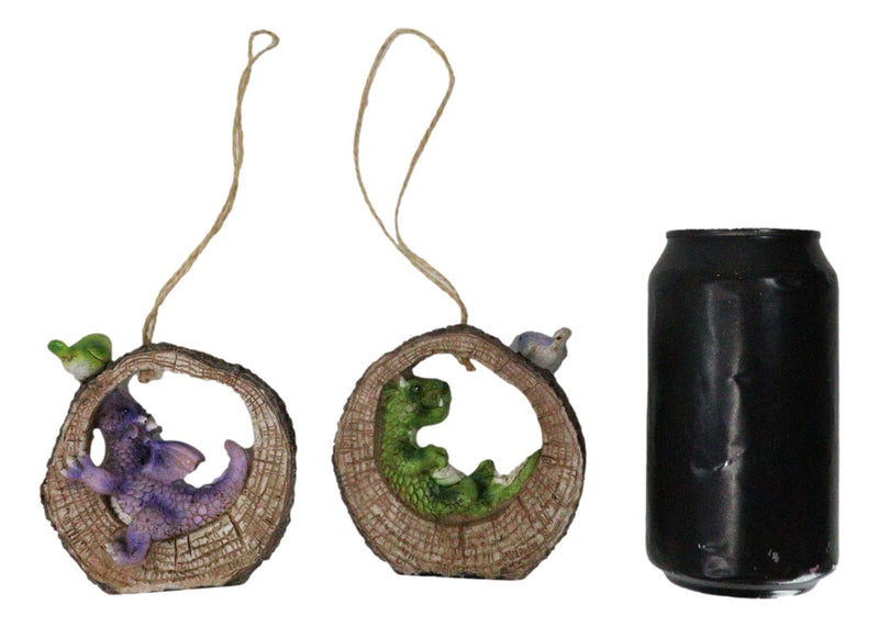 Pack of 2 Whimsical Green Purple Dragons With Birds In Tree Ring Decor Ornaments