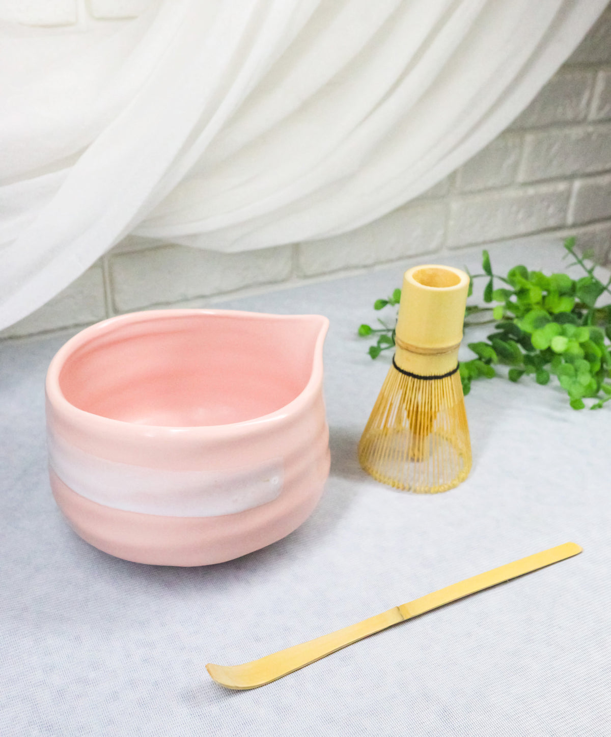 Pink White Brushstroke Ceramic Japanese Matcha Green Tea Bowl Whisk & Scoop Set