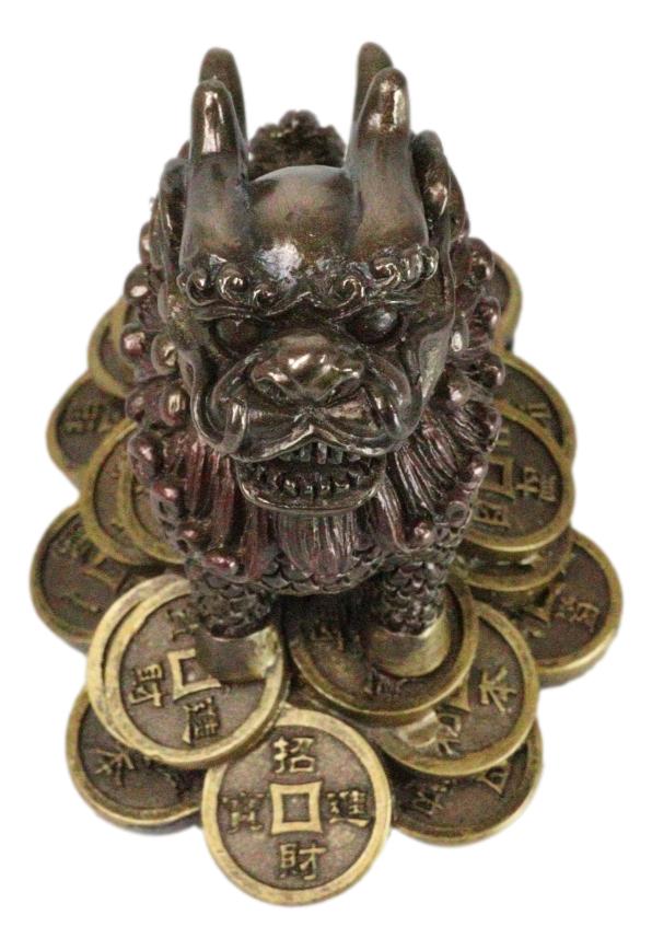 Feng Shui Fortune Money Dragon Chi Lin Yang Energy Gold Coins Charm Figurine - Ebros Gift