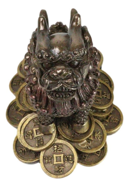 Feng Shui Fortune Money Dragon Chi Lin Yang Energy Gold Coins Charm Figurine - Ebros Gift