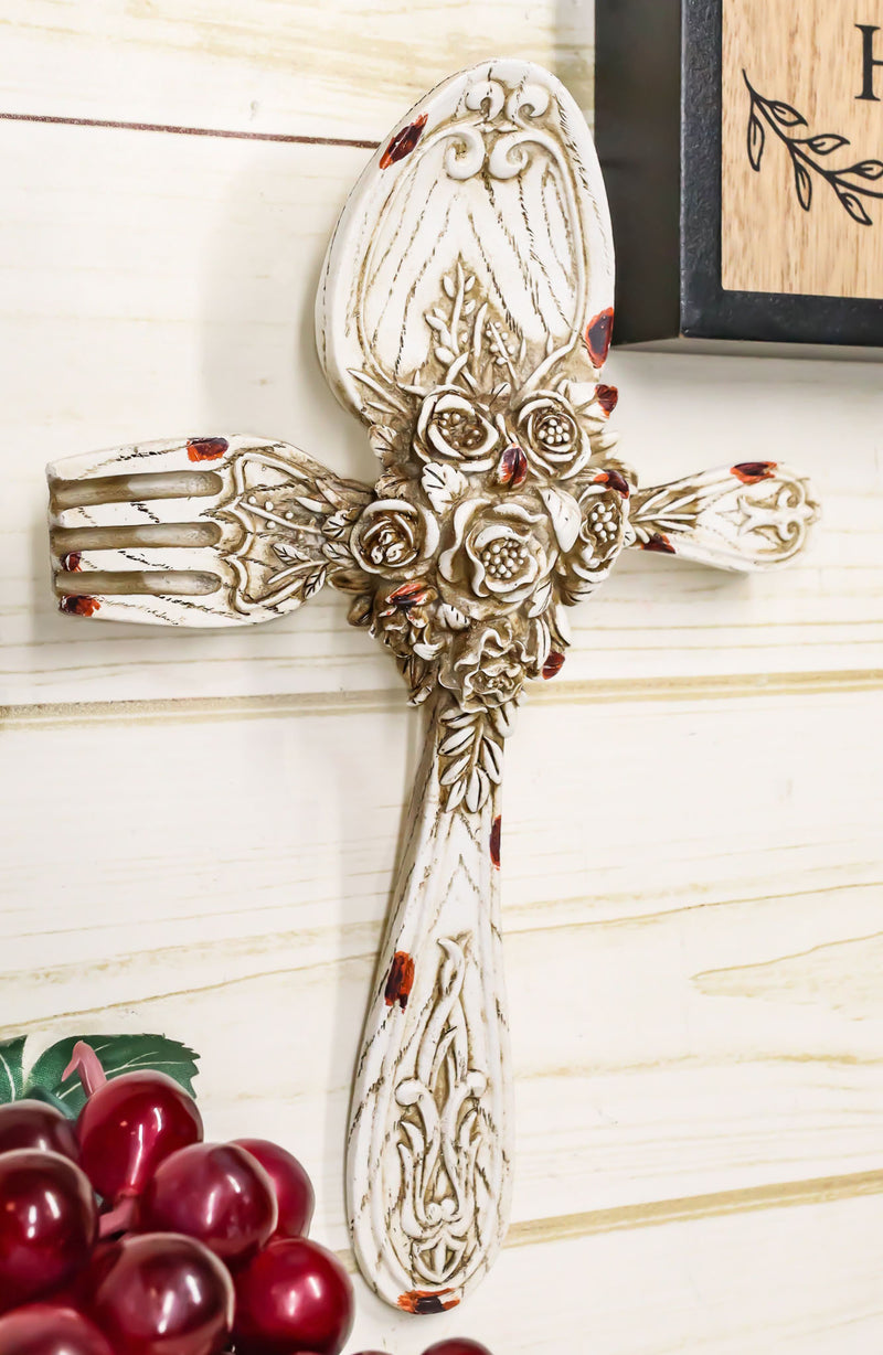 Rustic Vintage Faux Distressed Wood Spoon And Fork Tooled Flowers Wall Cross