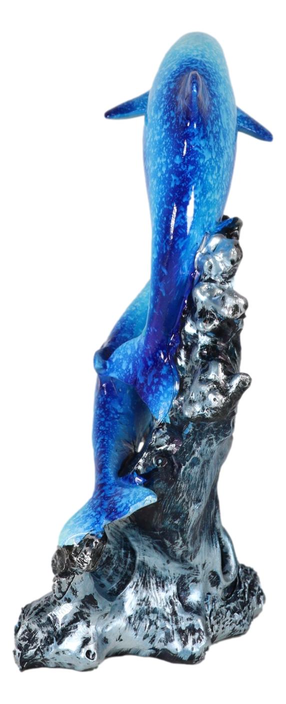 Nautical Marine Sea Ocean 2 Blue Dolphins Leaping Out Of The Reef Waves Figurine